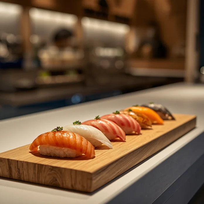 Nigiri sushi on a wooden board at a sushi counter