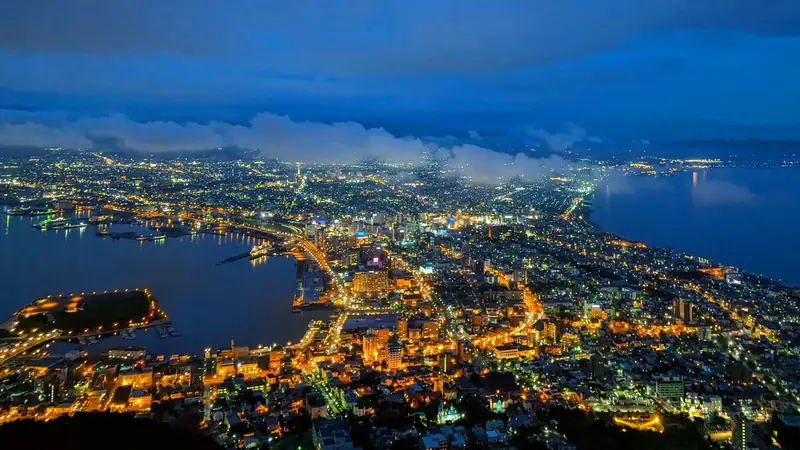 Night view of Hakodate from Mount Hakodate, with the city lights between two bays