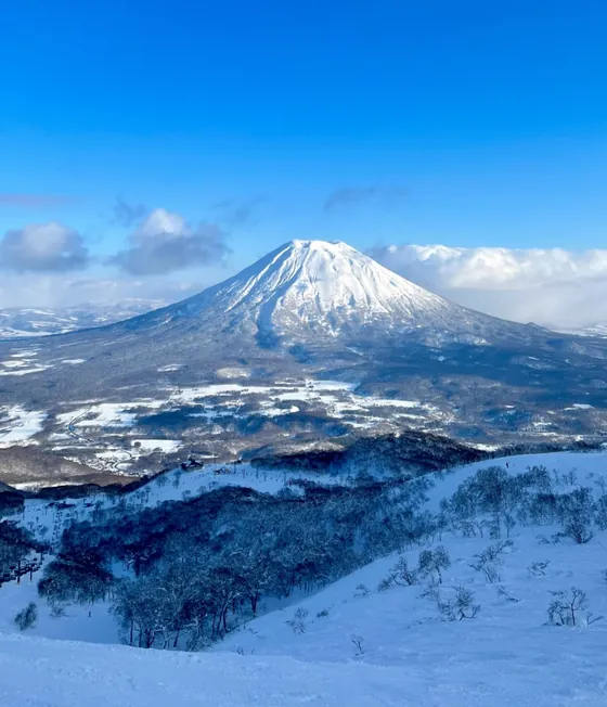 Snow-covered Mount Yotei under a blue sky, seen from a ski slope